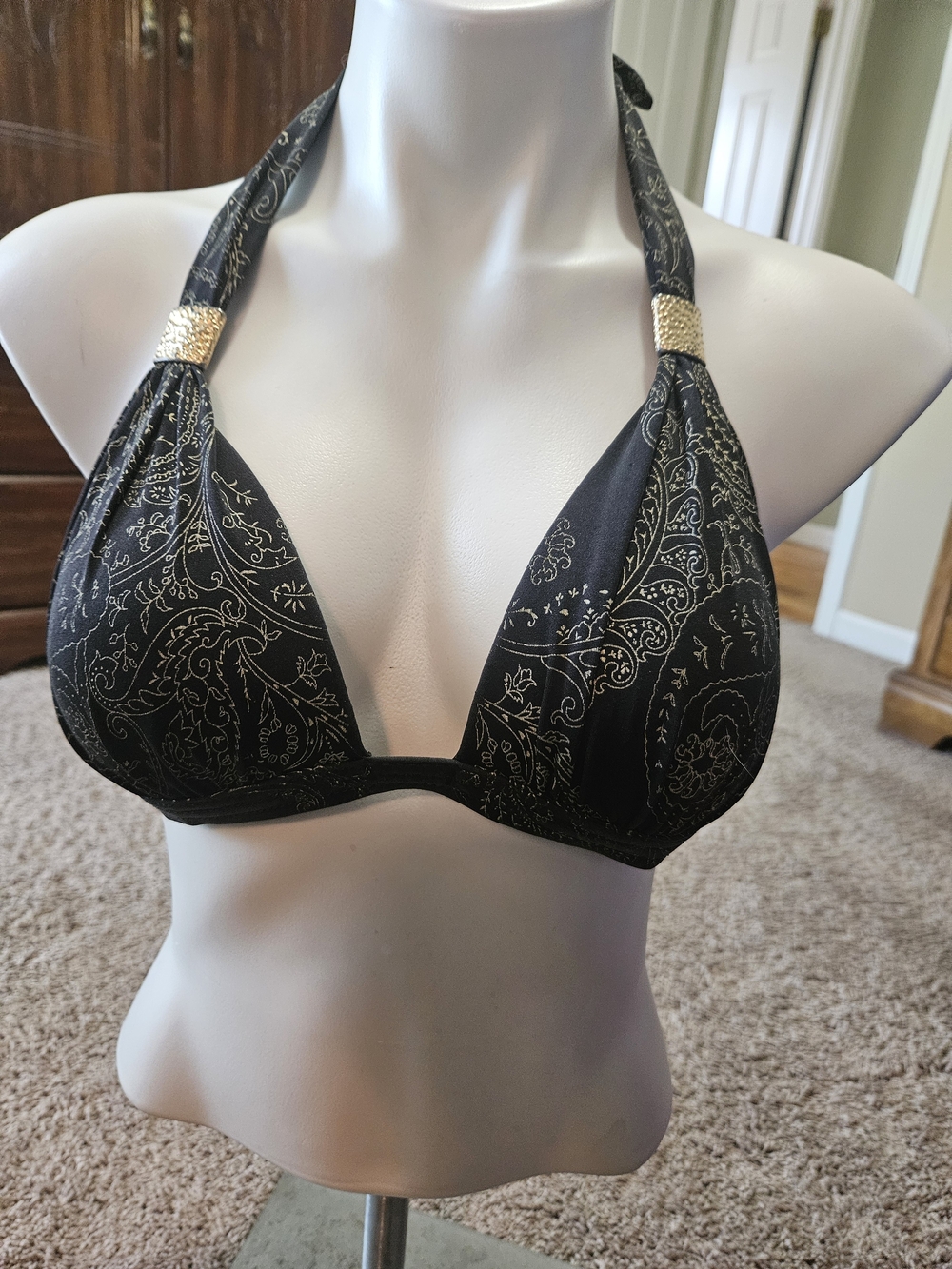 VENUS Black Paisley Halter Bikini Top with Gold Accents